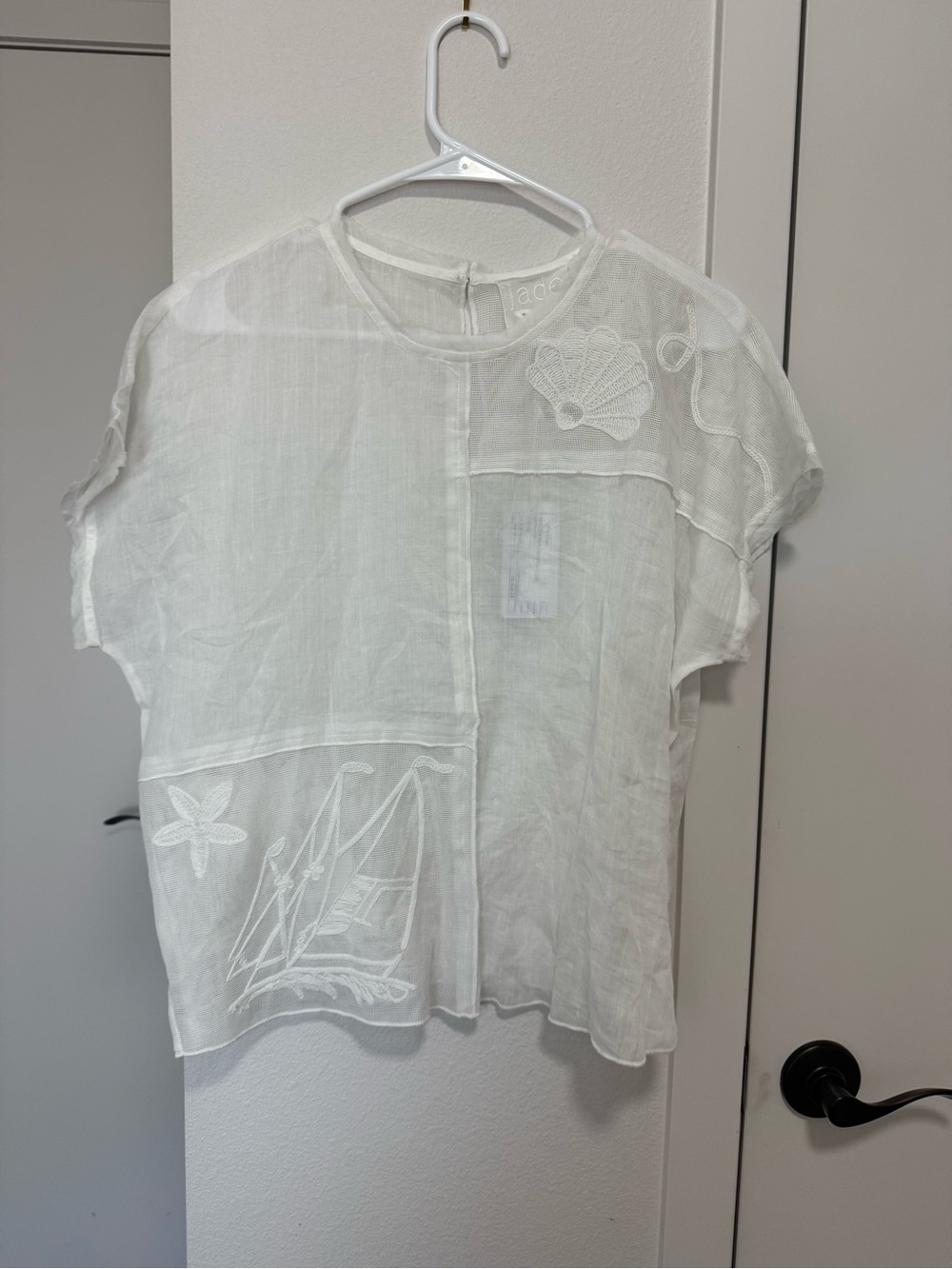 Johnny Was White Sheer Embroidered Short Sleeve Blouse